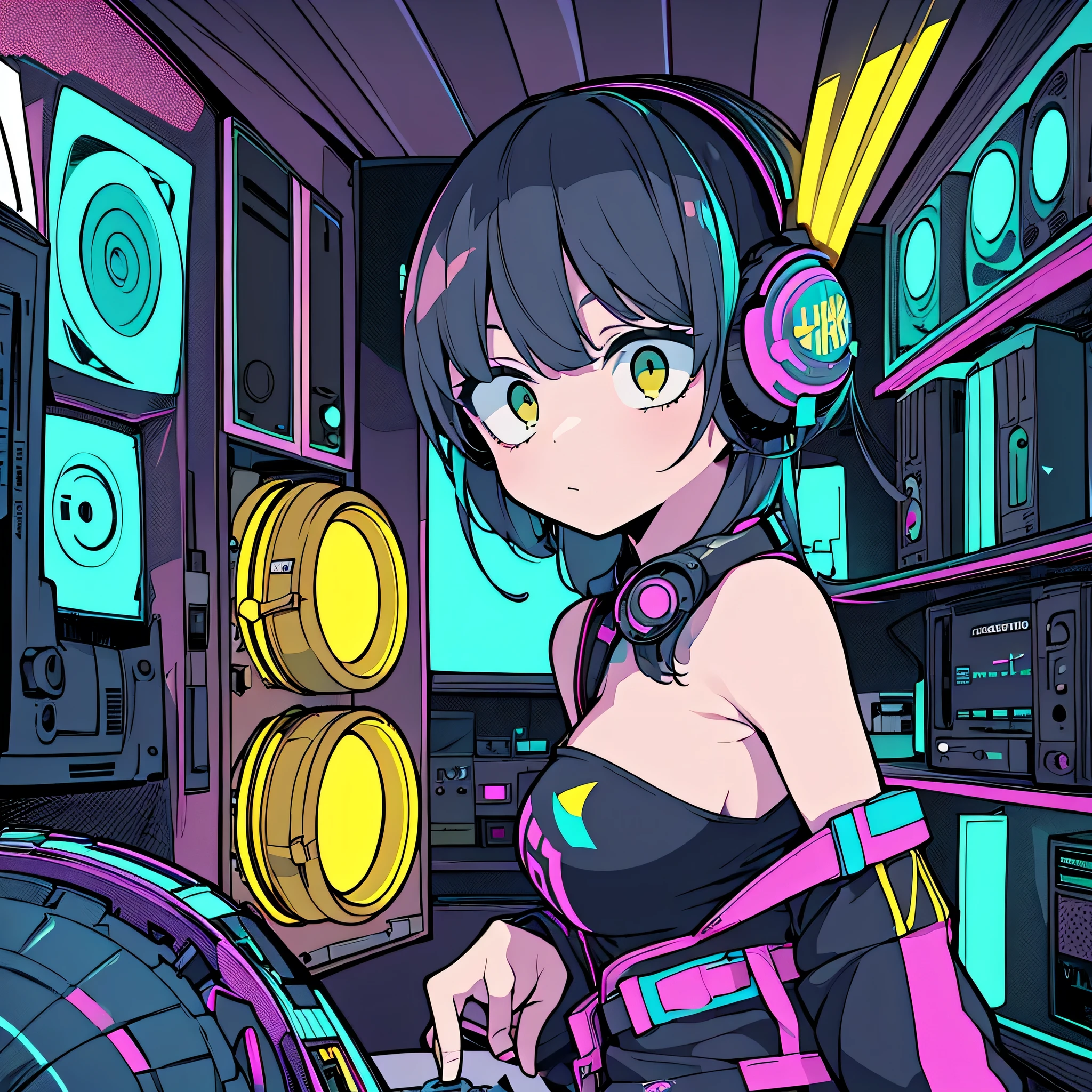 Best quality, (masterpiece), best detail face,1 girl, a little big breasts, 18 yo, 8k,absurdres,unity 8k wall paper,(extremely detailed:1.3), highest realistic, (retro headphones:), (soft neon light:), (psychedelic), Her room full of music equipment and records, sports wear , See the whole room , dark yellow color pallet
