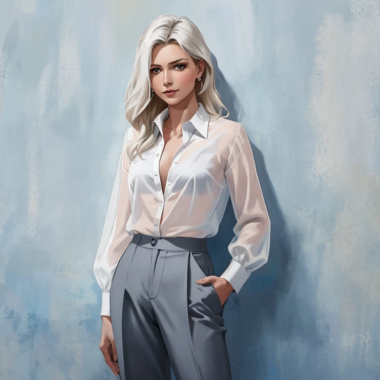 arafed topless woman in a sheer white shirt and grey unbuttoned pants standing in front of a blue wall, kirsi salonen, magdalena andersson, wearing a blouse, magdalena radziej, wearing a white blouse, moleksandra shchaslyva, niele toroni, photo of džesika devic, serena malyon