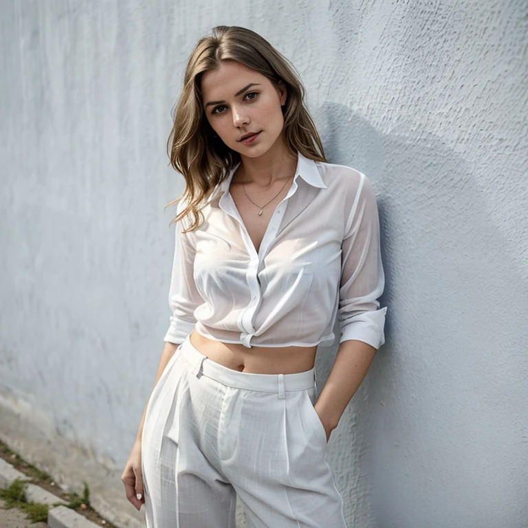 arafed topless woman in a white sheer shirt and grey unbuttoned pants standing in front of a blue wall, kirsi salonen, magdalena andersson, wearing a blouse, magdalena radziej, wearing a white blouse, moleksandra shchaslyva, niele toroni, photo of džesika devic, serena malyon