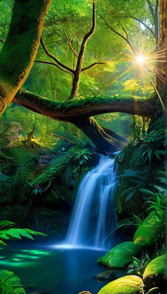 enchanted forest at twilight, ethereal light filtering through ancient towering trees, vividly detailed lush undergrowth, mystical creatures lurking in the shadows, sparkling fairy lights weaving through the foliage, a crystal-clear stream with water so pure it glows, cascading waterfall in the background with magical properties, fantasy wildlife drinking at the water's edge, butterflies fly, highly detailed, photorealistic textures on every surface, soft diffused lighting creating a serene atmosphere, high dynamic range, ultra HD 8K resolution, depth of field emphasizing the magical focus points, art by Thomas Kinkade and Roger Dean, immersive, otherworldly beauty captured in cinematic quality,