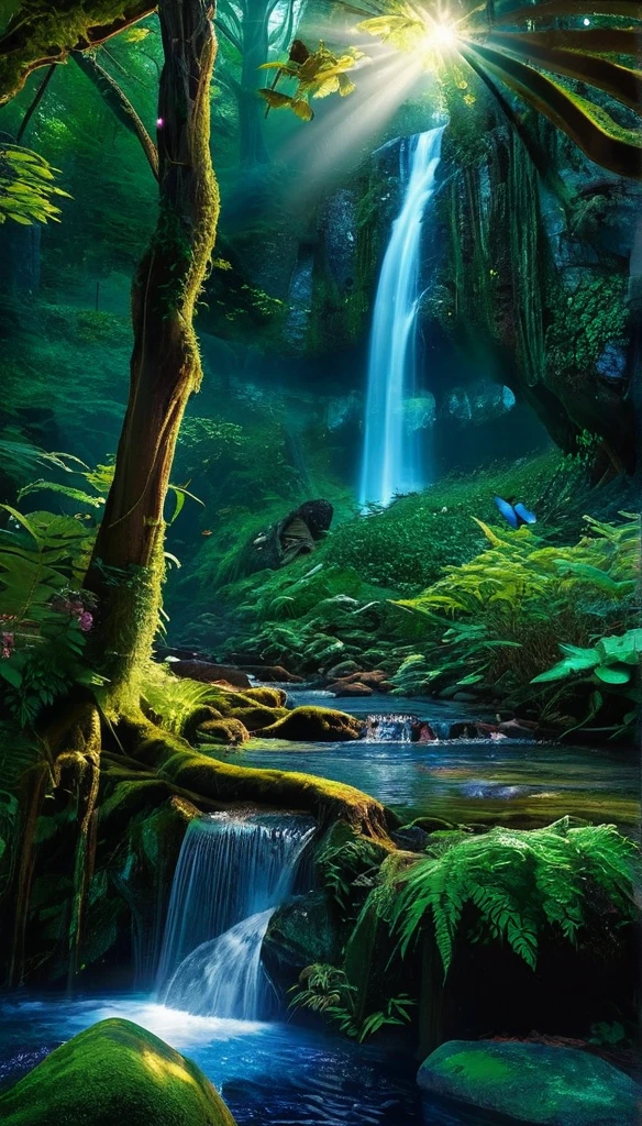 enchanted forest at twilight, ethereal light filtering through ancient towering trees, vividly detailed lush undergrowth, mystical creatures lurking in the shadows, sparkling fairy lights weaving through the foliage, a crystal-clear stream with water so pure it glows, cascading waterfall in the background with magical properties, fantasy wildlife drinking at the water's edge, butterflies fly, highly detailed, photorealistic textures on every surface, soft diffused lighting creating a serene atmosphere, high dynamic range, ultra HD 8K resolution, depth of field emphasizing the magical focus points, art by Thomas Kinkade and Roger Dean, immersive, otherworldly beauty captured in cinematic quality,