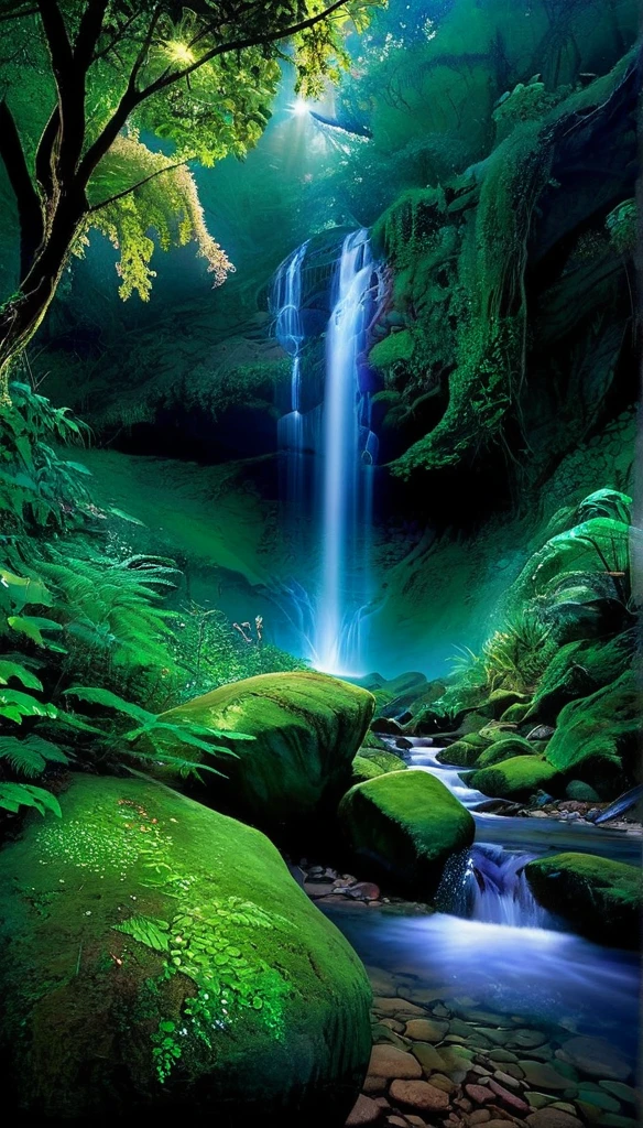enchanted forest at twilight, ethereal light filtering through ancient towering trees, vividly detailed lush undergrowth, mystical creatures lurking in the shadows, sparkling fairy lights weaving through the foliage, a crystal-clear stream with water so pure it glows, cascading waterfall in the background with magical properties, fantasy wildlife drinking at the water's edge, butterflies fly, highly detailed, photorealistic textures on every surface, soft diffused lighting creating a serene atmosphere, high dynamic range, ultra HD 8K resolution, depth of field emphasizing the magical focus points, art by Thomas Kinkade and Roger Dean, immersive, otherworldly beauty captured in cinematic quality,