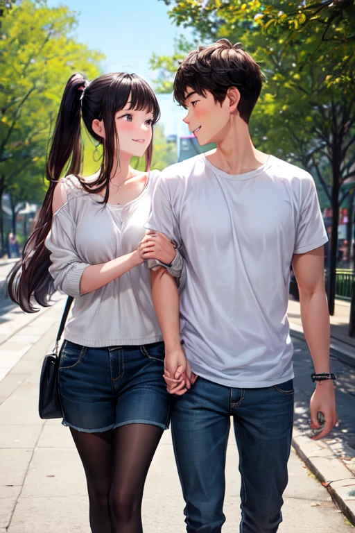 Couple holding hands: A couple of students hold hands on a street or in a park, Expressing attachment and love forever.