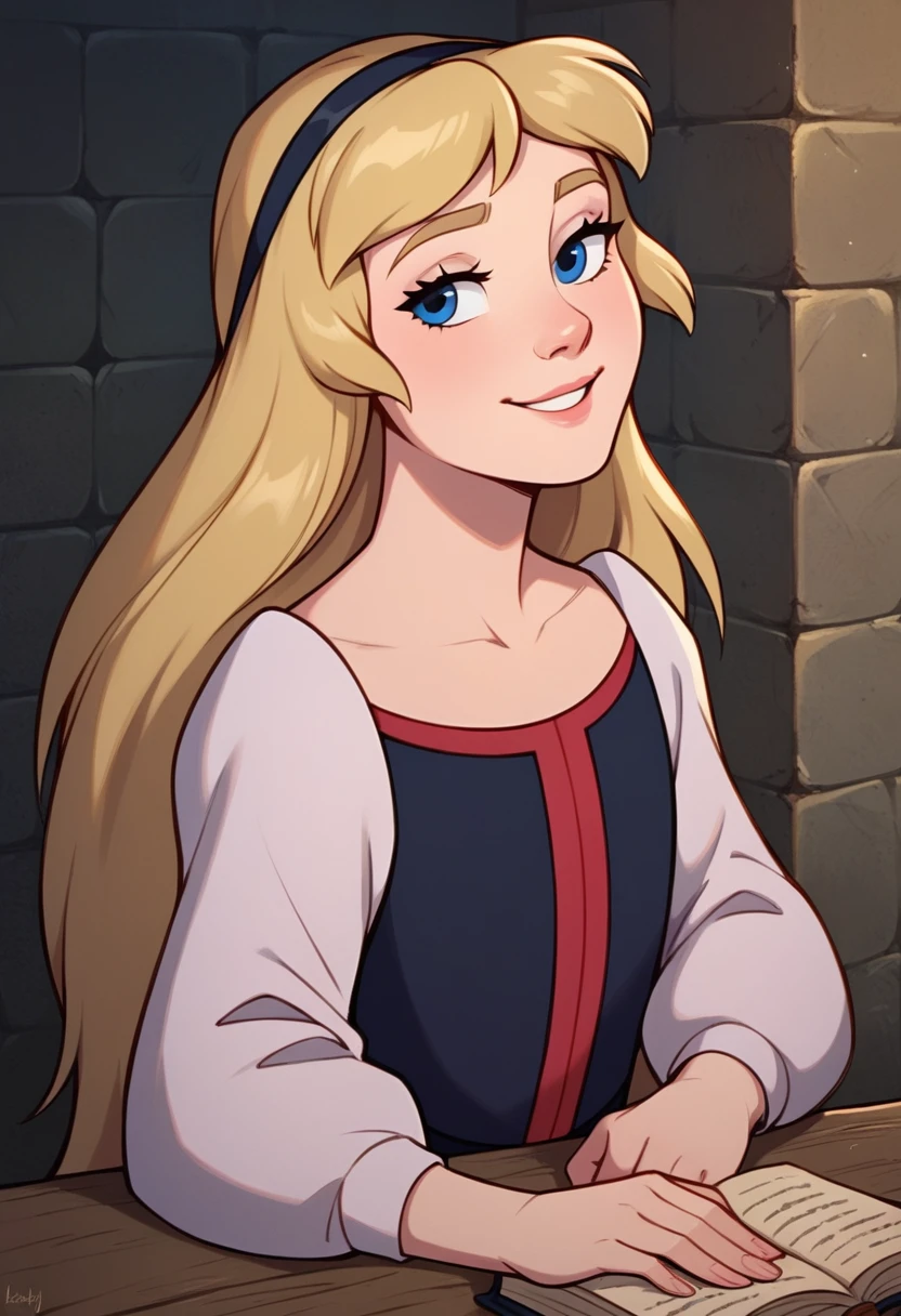 Princess Eilonwy, blonde hair, blue eyes, black hair band, long hair, black shoes, smile, half-lidded eyes