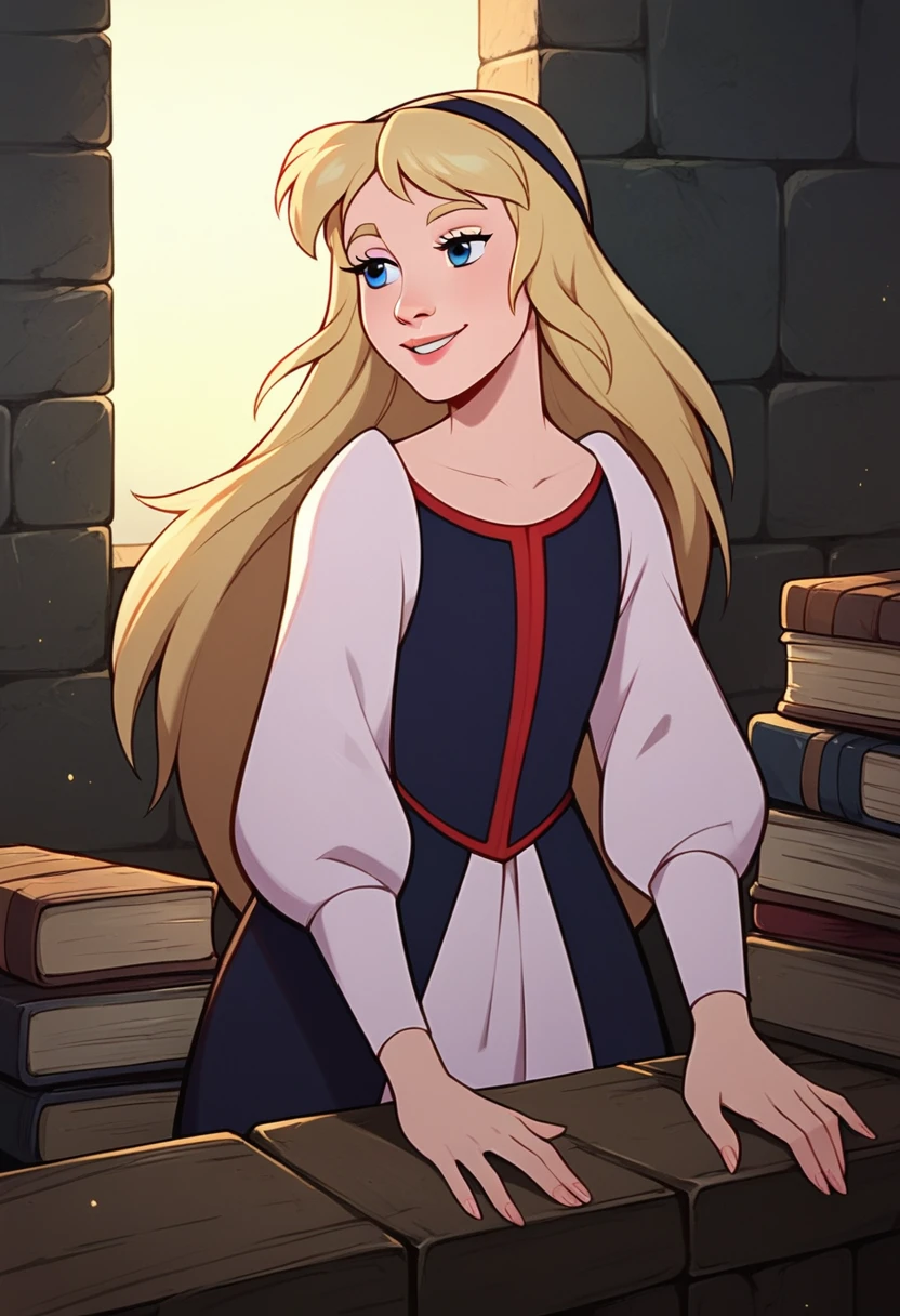 Princess Eilonwy, blonde hair, blue eyes, black hair band, long hair, black shoes, smile, half-lidded eyes