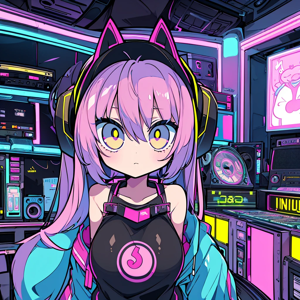 Best quality, (masterpiece), best detail face,1 girl, a little big breasts, 18 yo, 8k,absurdres,unity 8k wall paper,(extremely detailed:1.3), highest realistic, (retro headphones:), (soft neon light:), (psychedelic), Her room full of music equipment and records, sports wear , See the whole room , dark yellow color pallet