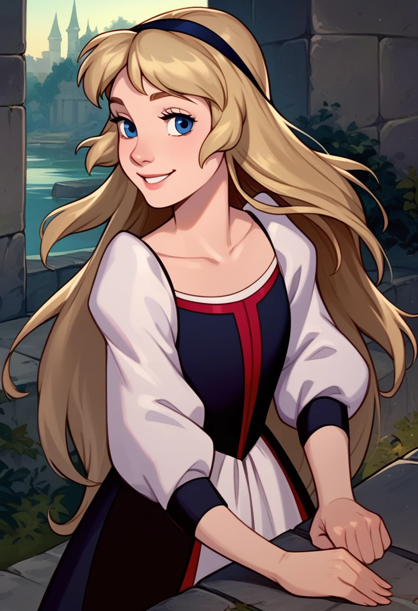 Princess Eilonwy, blonde hair, blue eyes, black hair band, long hair, black shoes, smile, half-lidded eyes