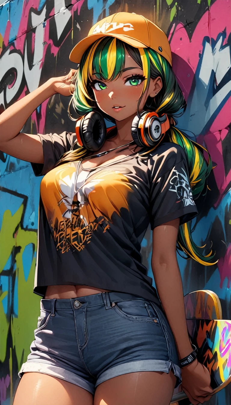 (highest quality:1.2, Very detailed, up to date, Vibrant, Ultra-high resolution, High Contrast, masterpiece:1.2, highest quality, Best aesthetics), Portraiture、solo, girl、(slim:1.3), (25-years-old), ((Skateboarder:1)), (orange baseball cap:1.5), (wearing headphones on neck), (holding a skateboard on chest:1.5), (American olive t-shirts), jeans short pants, Bright colors、Beautiful fine details、Beautiful lip detail、long hair、low ponytail, white and yellow green ((streaked hair:1.6)), highlights hair: 1.5, (medium breast:1) , (tan skin:0.9), wall full of graffiti,((cowboy shot:1.5))