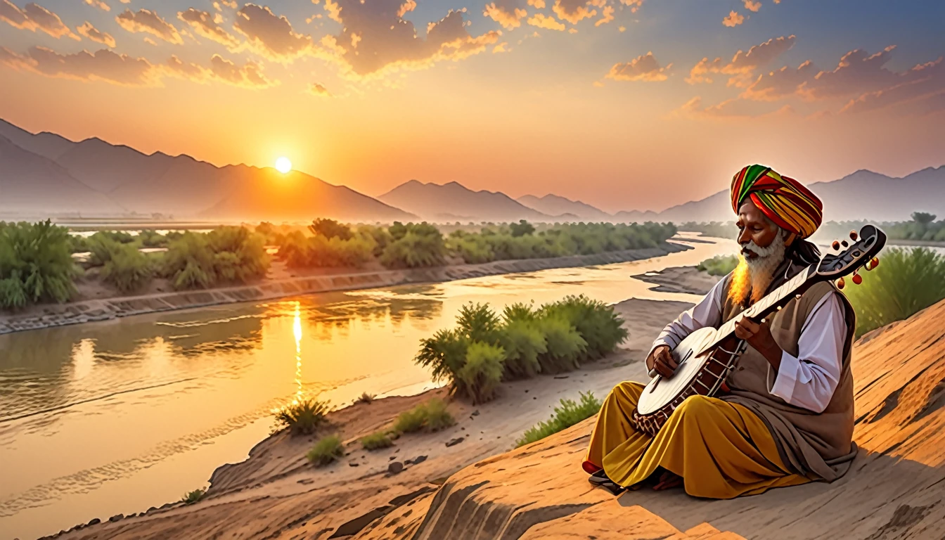 Shield of David,Indian,The turban is Rasta color,An old man playing the sitar,On the right side of the screen, on the banks of the Indus River,dawn,sunset,dim