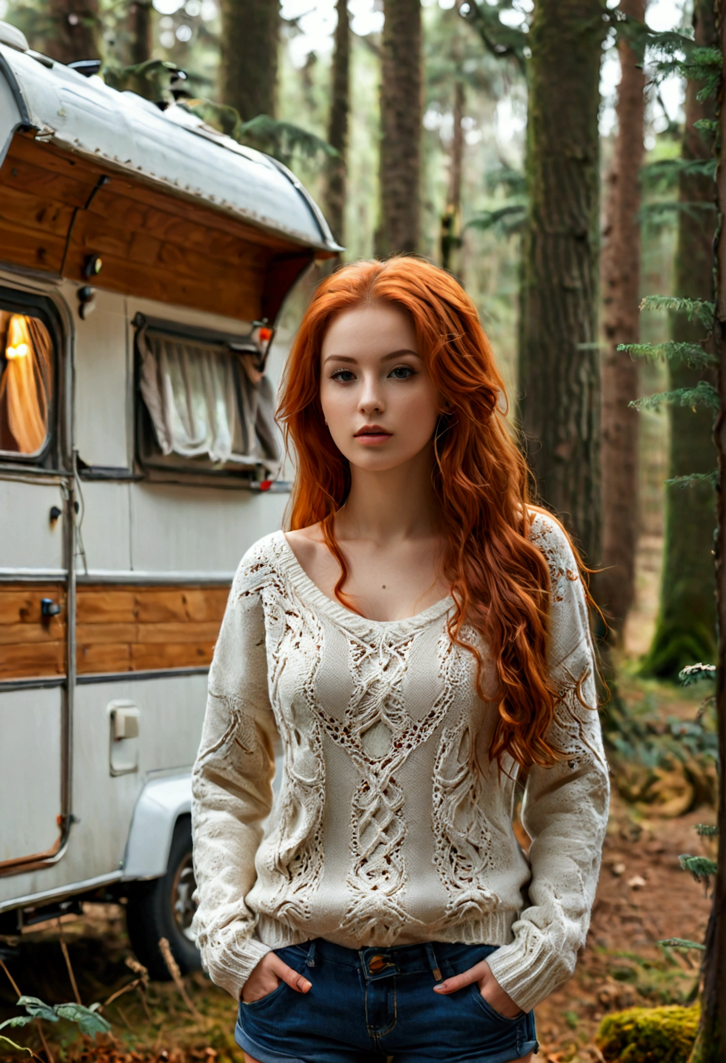 (full body shot:1.1) photorealistic image of a (standing pose:1.1) woman, ultra realistic, photography, long red hair, girl, 24 years old, hourglass figure, perfect body, Flirty look, natural medium breasts, blur background, posing with a belly-free sweater in front of a caravan parked in the woods, she wears sneakers