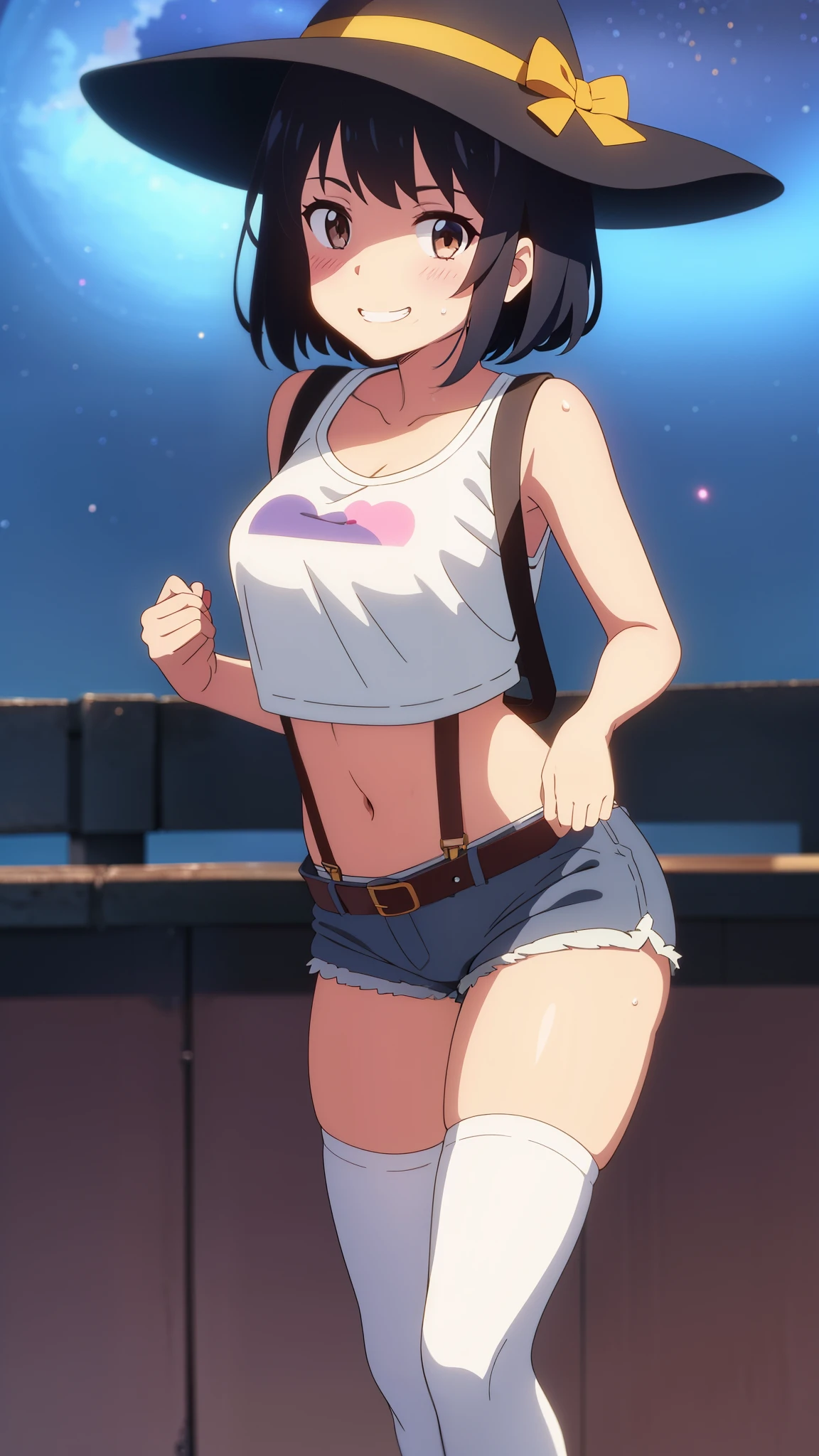 shinkai makoto, kimi no na wa., 1girl, bangs, black hair, blush, brown eyes, perfect face, looking at the viewer, bonnie hat, black suspenders, white t-shirt, white crop top, exposed navel, bare shoulders, garterbelt, sight, blue shorts, belt, short hair, solo, shinny skin, smile, cute, grin, black thighhighs, night sky background, sweat, (masterpiece), best quality