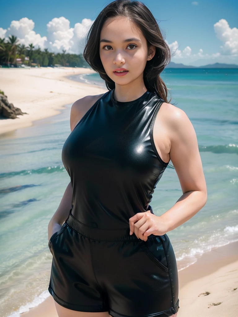 1girl, solo, (uniform), standing, at the beach,  beautifully ocean scenery, detailed face, cute face, detailed eyes, thick breasts, smooth realistic skin, black tight latex tanktop, black latex hot pants, looking at the audience, low angle shot,(8k, RAW photo, best quality, masterpiece: 1.2), (realistic, realistic: 1.37), ultra-high resolution