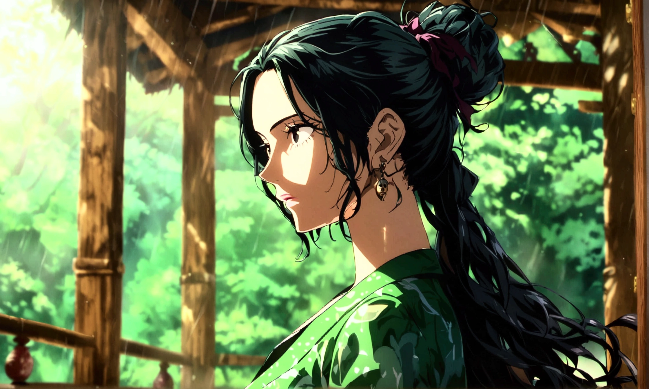 Woman, long dark green hair, ponytail, black eyes, green dress shirt, black dress pants, focused gaze, dojo background, "One Piece-inspired anime character design, full of dramatic and impressive lighting, focus on the centralized character, impressive face, full of creative details, ultra-fine 4K design, scenery bathed in creativity, boasting 2D anime resolution clarity, HD anime graphics, high-octane rendering"