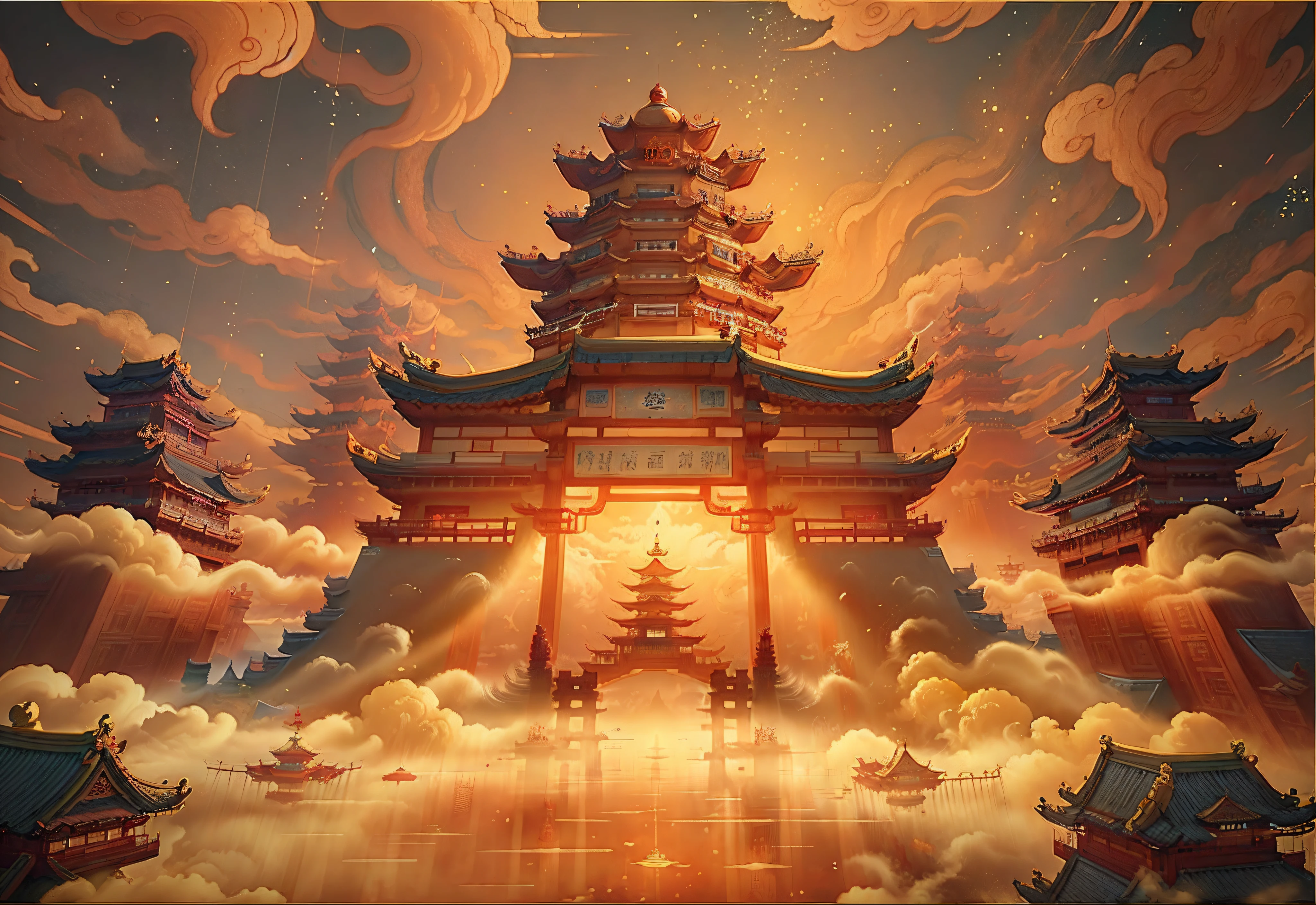 There is a pagoda painting in the sky, Beautiful rendering of the Tang Dynasty, floating lands in-clouds, cyberpunk chinese ancient castle, intricate ornate anime cgi style, Chinese fantasy, Cloud Palace, dreamy Chinese towns, digital painting of a pagoda, Zen temple background, floating city on clouds, by Yang J, Chinese watercolor style, Chinese painting style