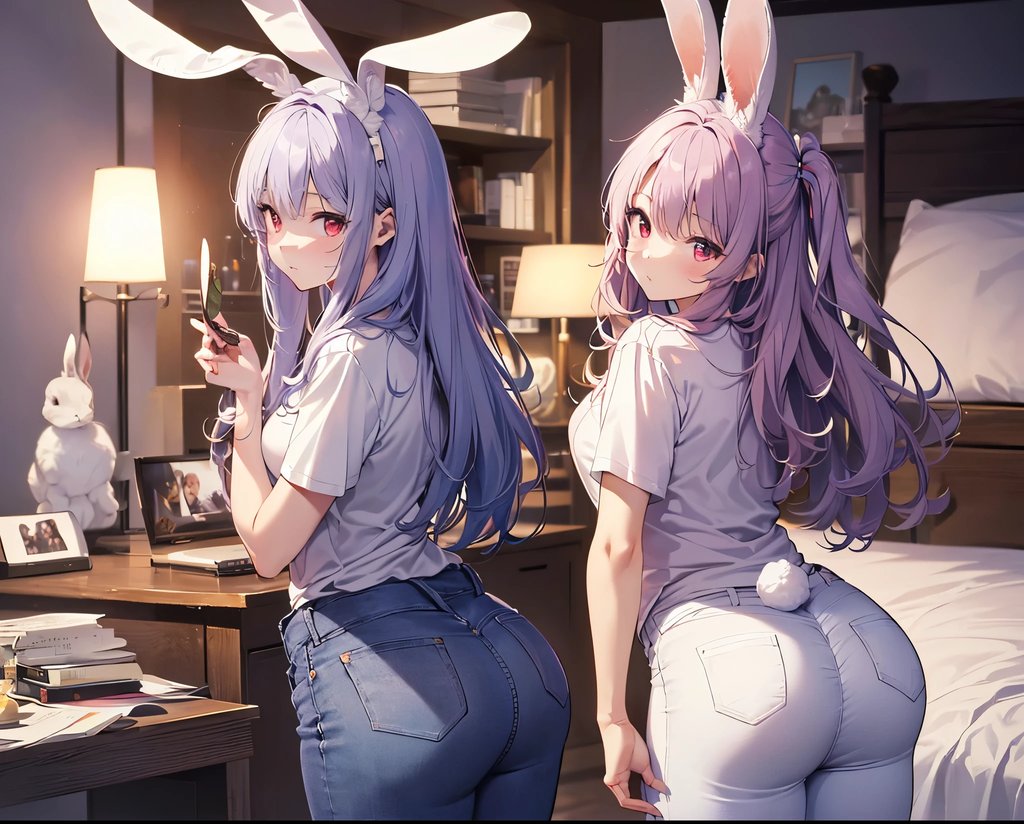 (Close-up:1.3),Realistic,Highest quality, Super detailed, High-quality CG rendering, The most delicate and beautiful, Floating softly, High resolution, (1 girl), (Highest quality,4K,8k,masterpiece:1.2), Light purple hair,(Long Hair:1.5),(Rabbit ears:1.5),Red eyes,(Pure white oversized short sleeve T-shirt:1.3),(Black skinny jeans:1.3),(Small room),bed,(bedに倒れている:1.4),(bedにうつ伏せ:1.5),(Turn your back to your audience:1.3),Butt,Pure white socks