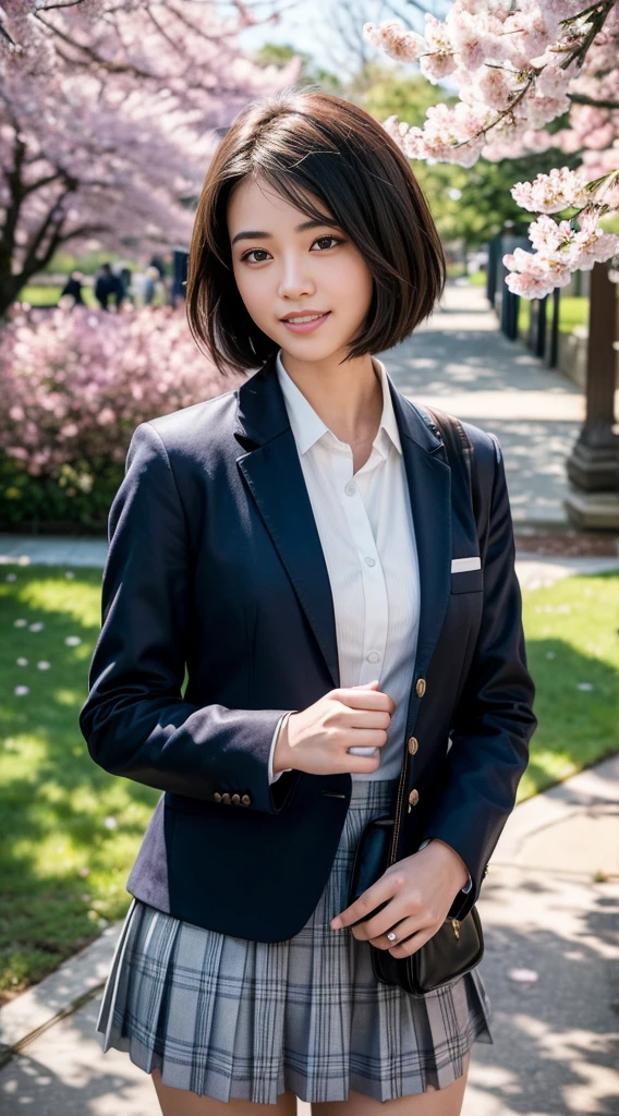 (Highest quality,masterpiece:1.3,Ultra-high resolution),(Very detailed,Caustics,8K),(Realistic:1.4,RAW shooting),1 Girl,(smile),(Looking up at cherry blossoms),18-year-old,cute,Japanese,Short black hair,(school uniform),glamorous,(big ),(Face Focus),street,cherry blossoms,Natural light,(Lens flare),Professional Writing,(Cowboy Shot),(bird's's point of view:1.2),(High position:1.4),(High Angle:1.4)