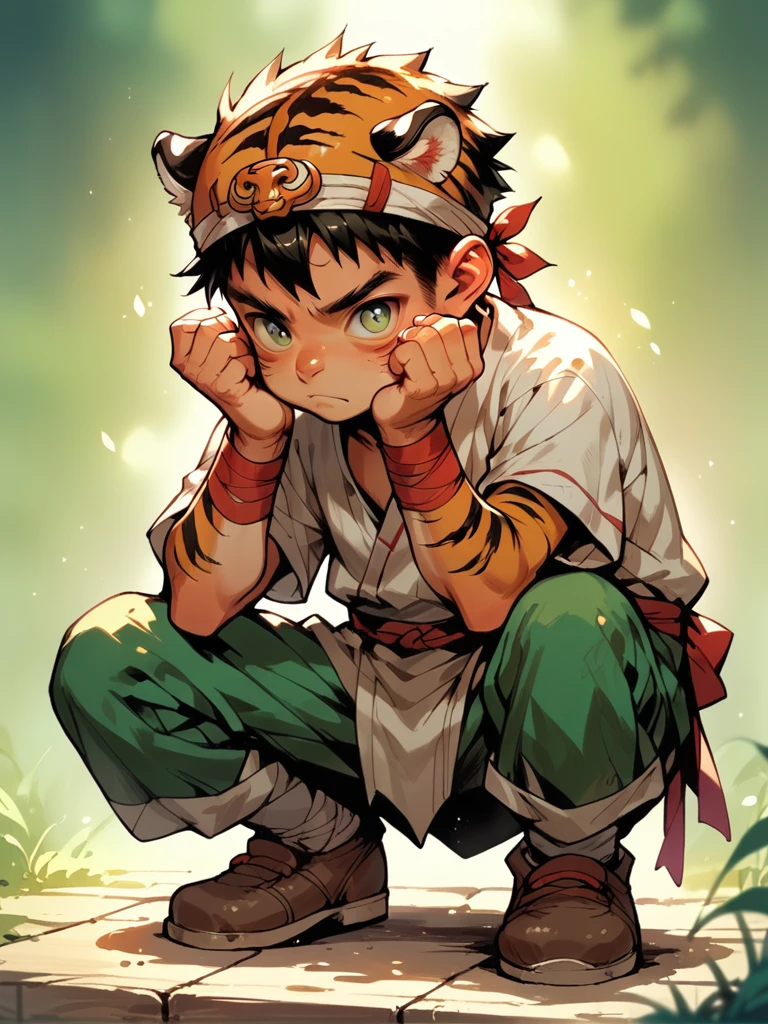 score_9, score_8_up, score_7_up, score_6_up, 1boy, ???, wearing tiger headdress, squatting pose, g4n1m3,