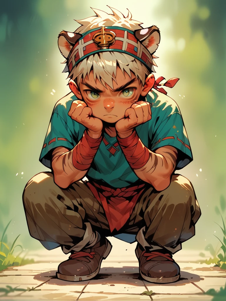 score_9, score_8_up, score_7_up, score_6_up, 1boy, kid, wearing tiger headdress, squatting pose, g4n1m3,
