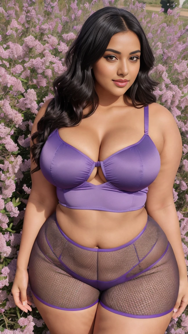 Radhika marchent Indian beautiful woman curvy plus size hour glass bulky huge figure woman, closeup camera view, big huge m-cup breast, wearing SHEIN Teen Girl Letter Graphic Cami Top & Shorts & Mesh Top Color: Multicolor , covered Bust , elegant standing position, eye contact view, different style hairstyle, bright eyes, thin eyebrows, fair skin, blushing cheeks, prefect head to toe view, full body, ideal for high-fashion or editorial shoots, ultra realistic skin texture, head to toe view, full body shot, full body view, smile face, black hair, Indian face, perfect skin tone light, ultra realistic skin texture, bigger waist, busty, big hips, fleshy thighs, thick thighs, busty, full body view, Lavender Field: Endless rows of fragrant lavender flowers.

