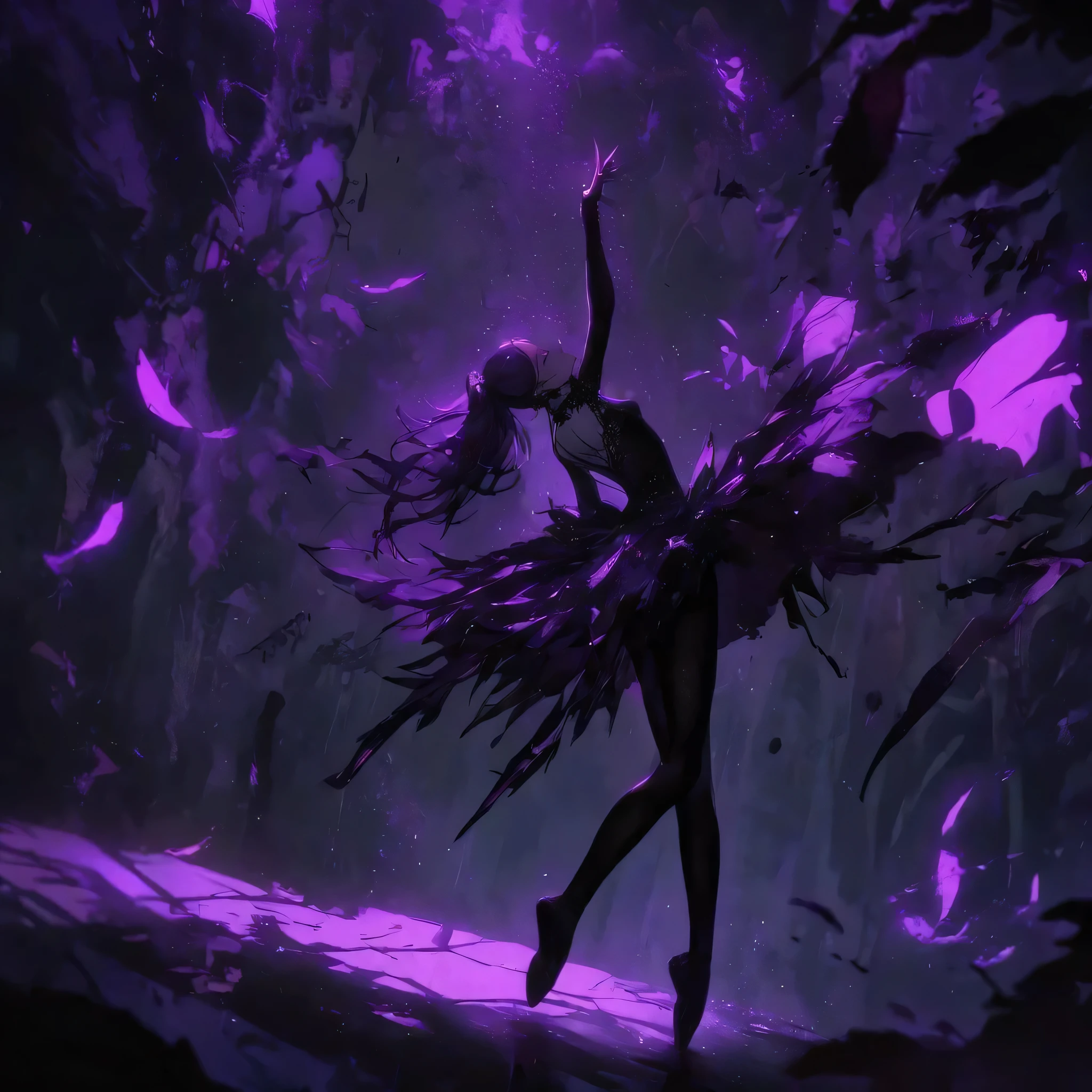 (dark atmosphere,gothic fashion,bright colors),(best quality,Super exquisite, full body view),Sexy goth Vampire ballet girl,Black Swan dancing in a rose garden at night,Tragic scene, Dynamic pose, Beautiful and delicate purple eyes,Straight black ponytail with blue tips,black lace ballet dress and tutu, dark pantyhose, ballet pointe shoes, Crow feathers,red lipstick,mysterious smile,Pale complexion,Pointed-toe bootysterious aura,The purple moonlight illuminates her elegant silhouette,Soft shadows and soft highlights,Contrasting colors create a vibrant atmosphere,dark and moody color palette,Subtle yet dramatic lighting effects,Sublime darkness intertwined with exquisite moonlight, high detailed face