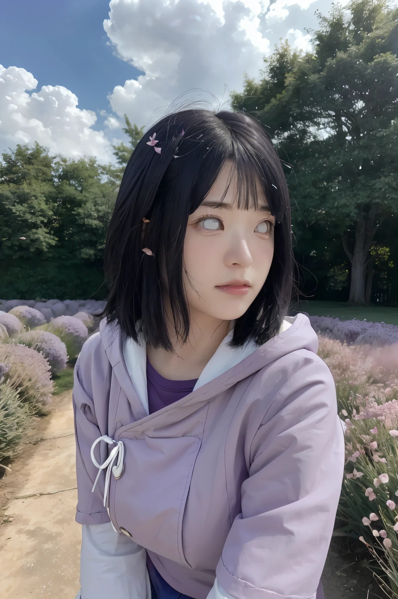 masterpiece, absurdres, hinata\(boruto\), 1girl, solo,mature female, purple hoodie,layered sleeves, brown pants,  outdoors,lavender flower field, looking at viewer, (falling petals), cloudy sky, perfect composition, detailed lips, big breast, beautiful face, body propotion, blush, (pink lips), long hair,  purple eyes,  soft gaze, sad smile,  super realistic, detailed, photoshoot, realistic face and body,  realistic hair, realistic eyes, realistic nose, realistic lips