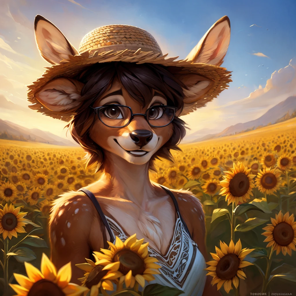uploaded on e621, artstation, by Pixelsketcher, by Bayard Wu, by Thomas Benjamin Kennington , by Einshelm, by hioshiru and kenket, Chunie, portrait, solo anthro female deer doe, with small featureless breasts, clear dark blue, cinematic lighting, day, sunny day, sunflower field, stands in a high sunflower field, sunflower field background, sunflowers, mediterranean background, horizon background, shiny, chin short curly dark brown hair, wears big black nerd glasses, very very beautiful furry art, furry art, smiling, joyful, shiny, happy, feminine, cute face, muzzle, fluffy chest, flawless face, Fallow deer, 1girl, Sakimichan is beautiful, Masterpiece, Wavethesallow Face, shiny, Detailed image, portrait, Detailed image, portrait, full body, wears pure white and wide spaghetti straps dress, wears big and wide beige summer straw hat, shiny, realistic face, perfect anatomy, hourglass body, (furry body:1.1), anthropomorphic deer, detailed background, (cute anatomy:1.1)