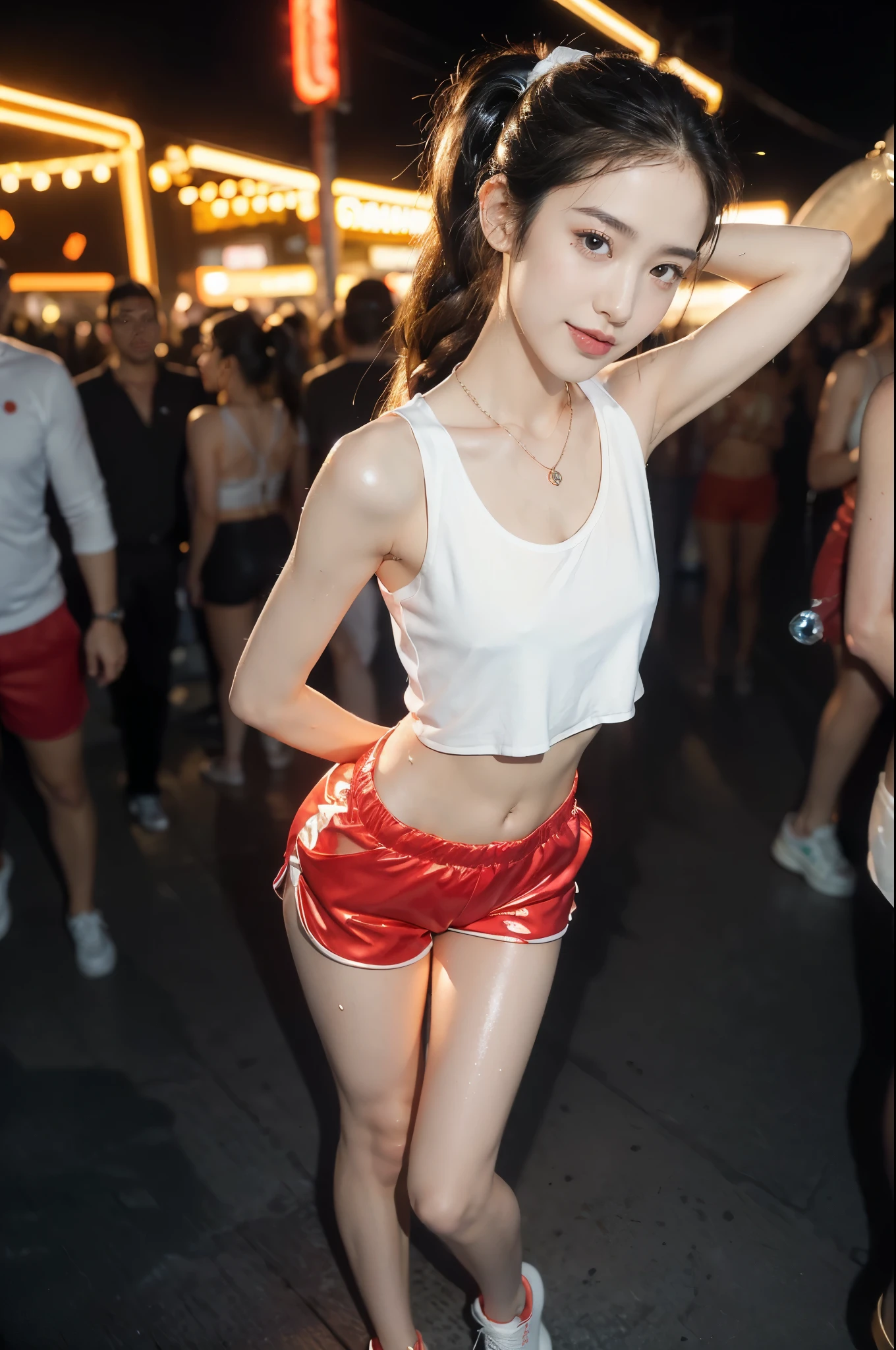 (((best quality))),(((ultra detailed))),(((masterpiece))),illustration,((1 beautiful girl,solo)),(short ponytail:1.2),((slim,thin)),((small breasts,flat chest)),(necklace:1.2),((sweat,wet)),(shiny skin:1.5),(white tank top:1.3),(red shorts:1.3),(slender legs:1.2),(sneakers:1.3),(in nightclub:1.3),(neon lights:1.3), energy,(standing:1.3),(arms behind back:1.3),(smile:1.2), conversation, thumping bass, sun-kissed skin, tanned legs,delicate features, grace, confidence, excitement, pulsating lights, capturing attention, vibrant atmosphere, center of attention,(summer:1.3),(night scene:1.3), adventure, frozen moment,((from front,full body)),(surrounded by crowded crowds:1.3)