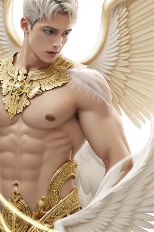 Full body shot (close-up:1.5),muscle,menstoga,in white and gold costume, male focus, solo, 1boy, (bare shoulders),looking at viewer, ice blue eyes,nude,(Seraphim:1.5), (multiple wings:1.5), in the sky, (floating:1.3), (midair:1.5), cloudan with wings), angel wings, glowing, bloom, platinum hair, outdoors, stars,golden feathers, (gold magic swirling),(Masculine face:1.2), half body shot 