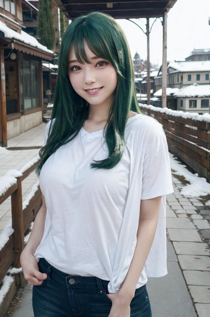 ((masutepiece)), ((Best Quality)), (Ultra-detailed), ((Extremely detailed)), 4K, (8K), Best Quality, (Beautiful), city, Town, Winters, Cute  s, 1girl in, Solo, tshirts, JINS, The costume, Beautiful green hair 0, ((Beautiful eyes)), large full breasts, Smile