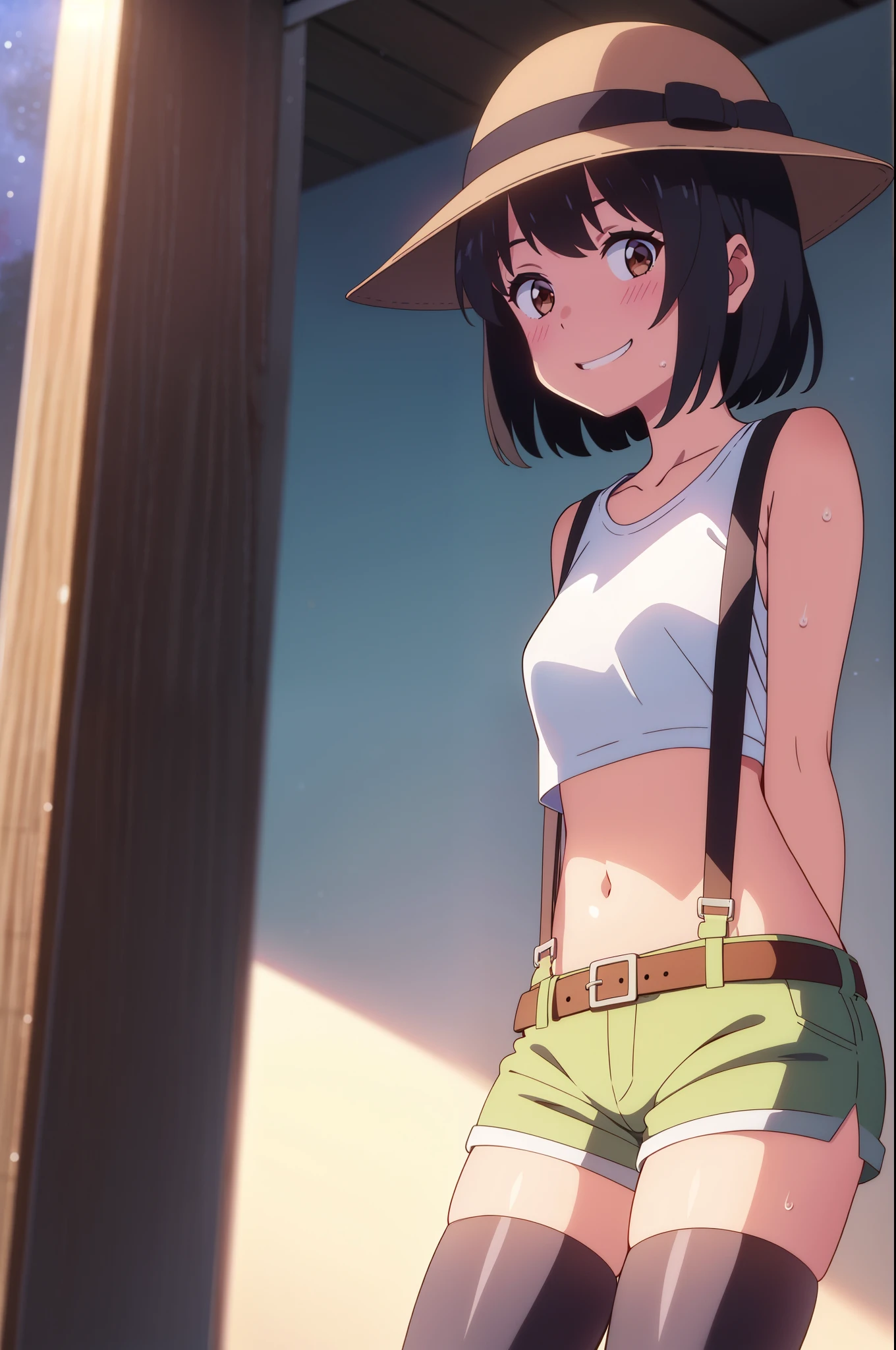 shinkai makoto, kimi no na wa., 1girl, bangs, black hair, blush, brown eyes, perfect face, looking at the viewer, bonnie hat, black suspenders, white t-shirt, white crop top, exposed navel, bare shoulders, garterbelt, sight, blue shorts, belt, short hair, solo, shinny skin, smile, cute, grin, black thighhighs, night sky background, sweat, (masterpiece), best quality