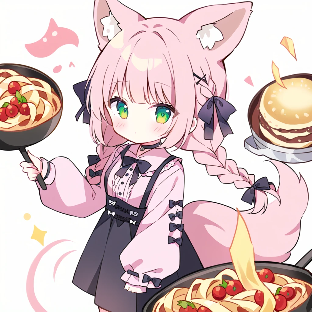 Top quality, masterpiece,a chibi girl
, a girl with peal purple and blunt bangs hair, twin braids,green eyes, ,(a girl with closs hair pin,
pink shirt,cosplay, jirai kei, bangs, black skirt, black bow, looking at viewer, bow, long sleeves, choker, ribbon,with Dog droopy ears and tail:1.4),Meat sauce and pasta are being fried in a frying pan,
