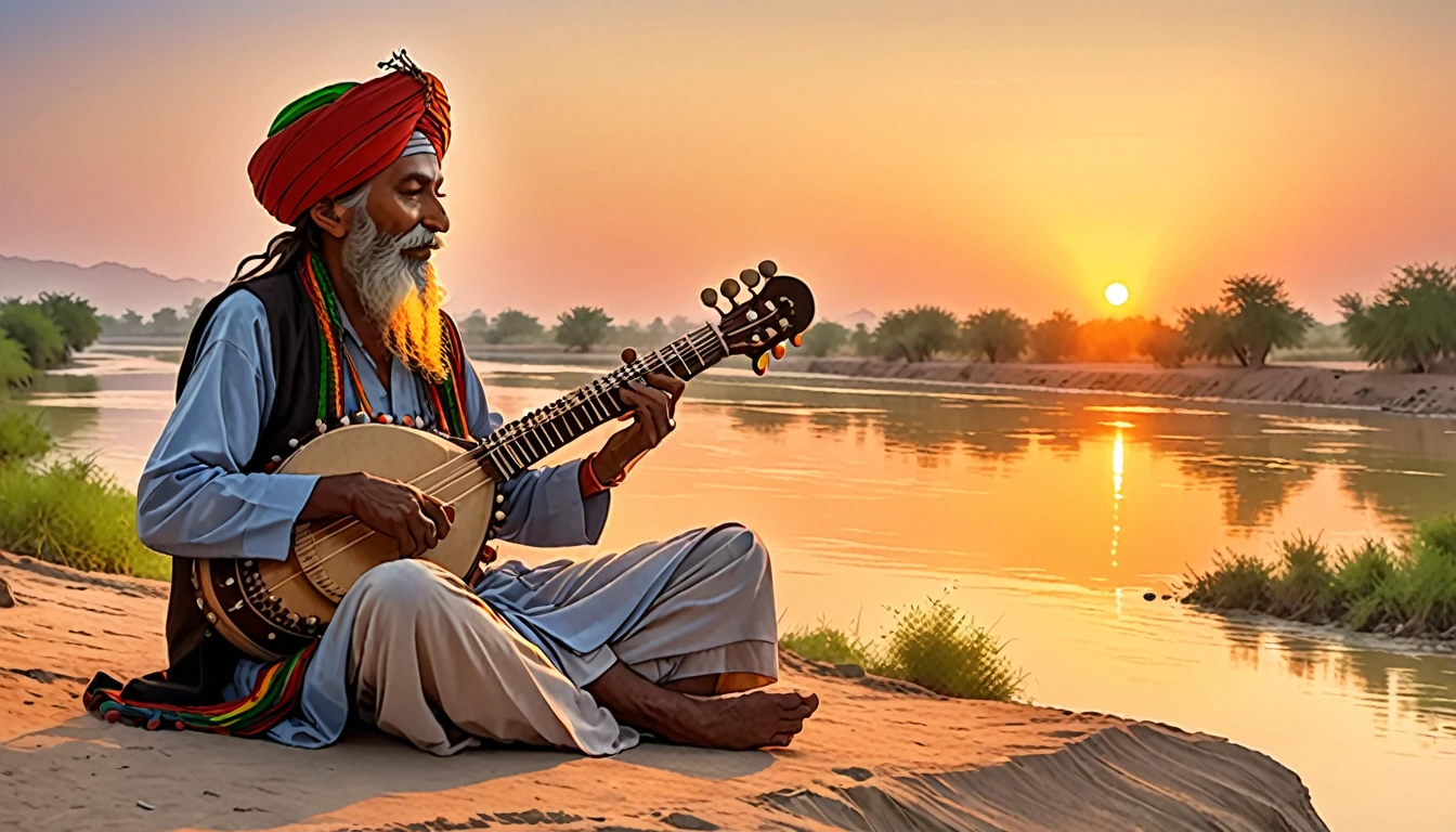 Shield of David,Indian,The turban is Rasta color,Old man playing the sitar,Right side of the screen, On the banks of the Indus River,dawn,sunset,dim