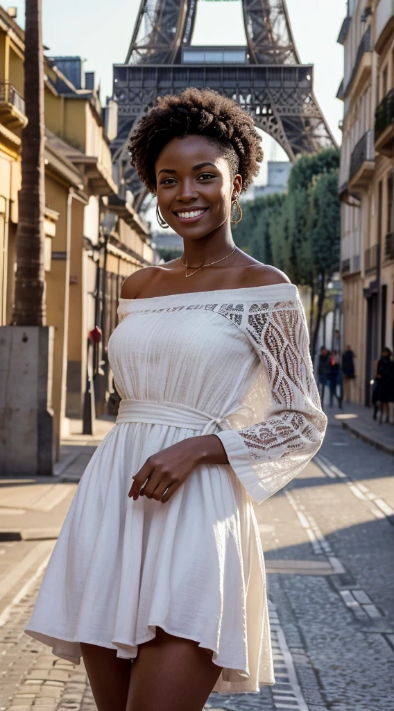 Imaginez une femme origaire d'africaine à Paris, debout devant la Tour Eiffel, porter une élégante robe ou est desiner la tour effeil de manière estétique et elegant , une piece unique de createur de mode. Elle capture la magie de la Ville Lumière avec un sourire radieux