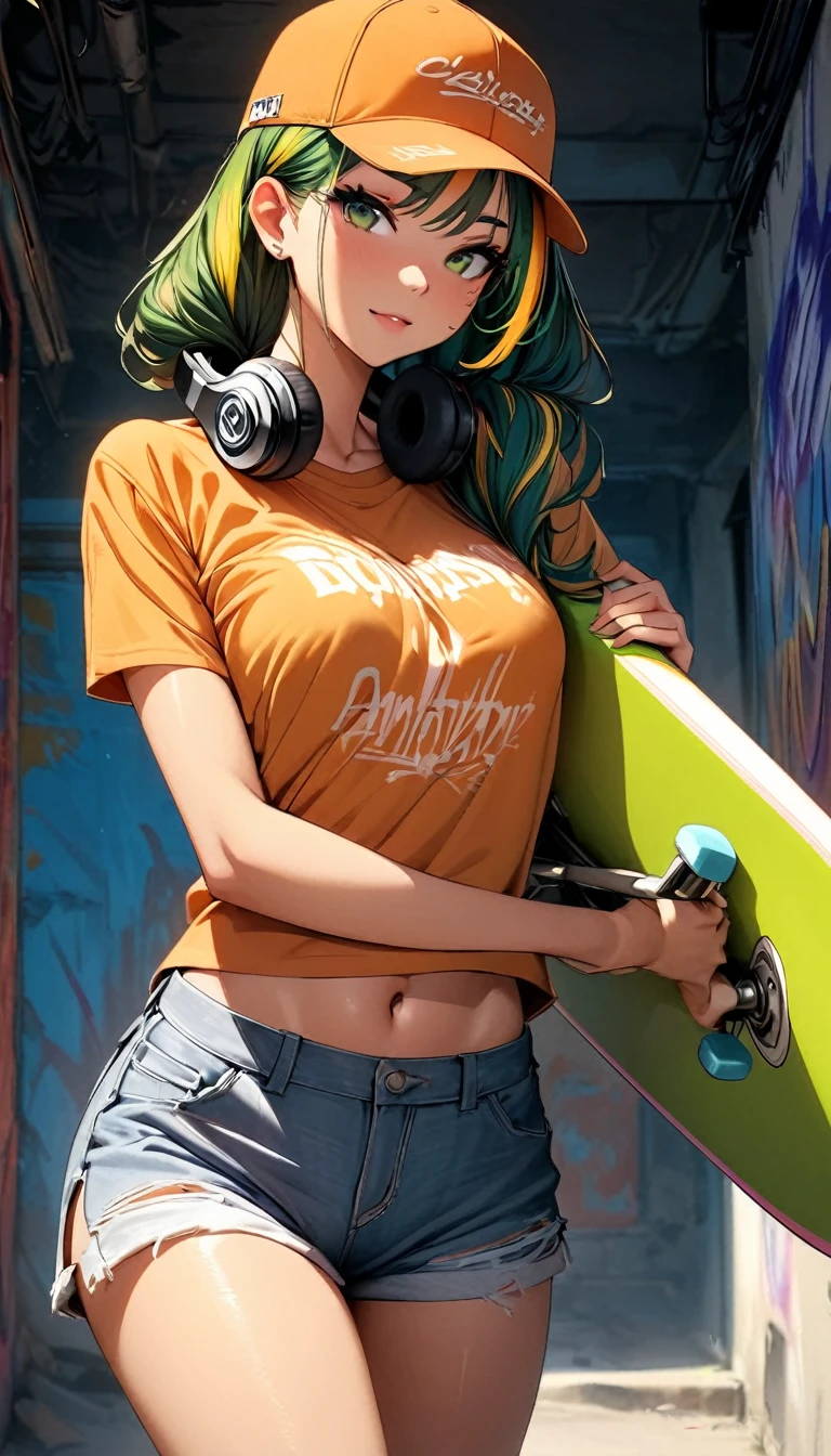 (highest quality:1.2, Very detailed, up to date, Vibrant, Ultra-high resolution, High Contrast, masterpiece:1.2, highest quality, Best aesthetics), Portraiture、solo, girl、(slim:1.3), (25-years-old), ((Skateboarder:1)), (orange baseball cap:1.5), (wearing headphones on neck), (holding a skateboard:1.5), (American olive t-shirts), crop top navel, jeans short pants, Bright colors、Beautiful fine details、Beautiful lip detail、long hair、low ponytail, white and yellow green ((streaked hair:1.6)), highlights hair: 1.5, (medium breast:1) , (tan skin:0.8), wall full of graffiti,((cowboy shot:1.5))