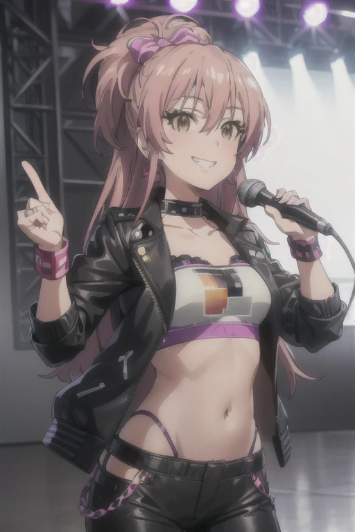 (((pixel-perfect, detail-perfect))), solo, 1girl, mika jougasaki, long hair, earrings, grin, looking at viewer, jacket leather, collarbone, pants black, smile, wrist, live stage, playing microphone, eyelashes black