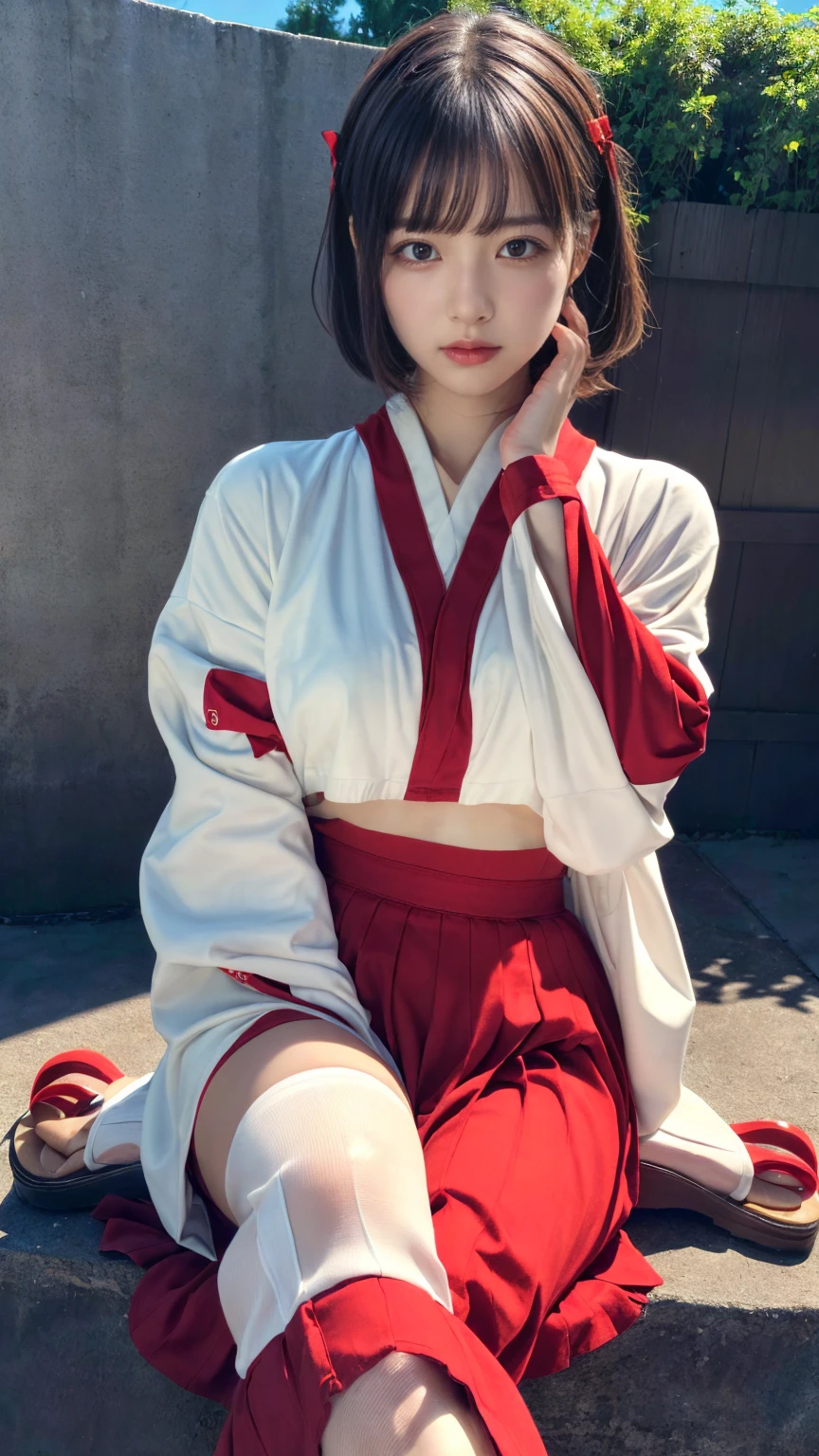 (absurdres:1.3), (highres:1.3), (ultra detailed:1.3),(1girl:1.3), (extremely detailed CG unity 8k wallpaper:1.3), (detailed skin texture, detailed cloth texture, detailed hair texture), (beautiful detailed face, supermodel, pale skin, realistic glistening skin), (RAW photo, best quality), (realistic, photo-realistic:1.4), masterpiece, extremely delicate and beautiful,Amazing, finely detail, extremely detailed CG unity 8k wallpaper, huge filesize, ultra-detailed, highres, absurdres, soft light,rim light, vibrant details, short bob hair, black hair color, Big Natural Color Lip, (perfect body shape), beautiful legs, BREAK (white and red theme:1.4), (fusion of (white kimono tops:1.2) and  (red high-waisted maxi length skirt):1.4), (long sleeve:1.3), (kimono-collar:1.2), (red outlines on white kiomno:1.2), (white very short ankle socks:1.2), (Japanese clogs geta:1.2),
 crying a little、little smile, Harajuku style、20 year old girl、cute type、lolita、open legs