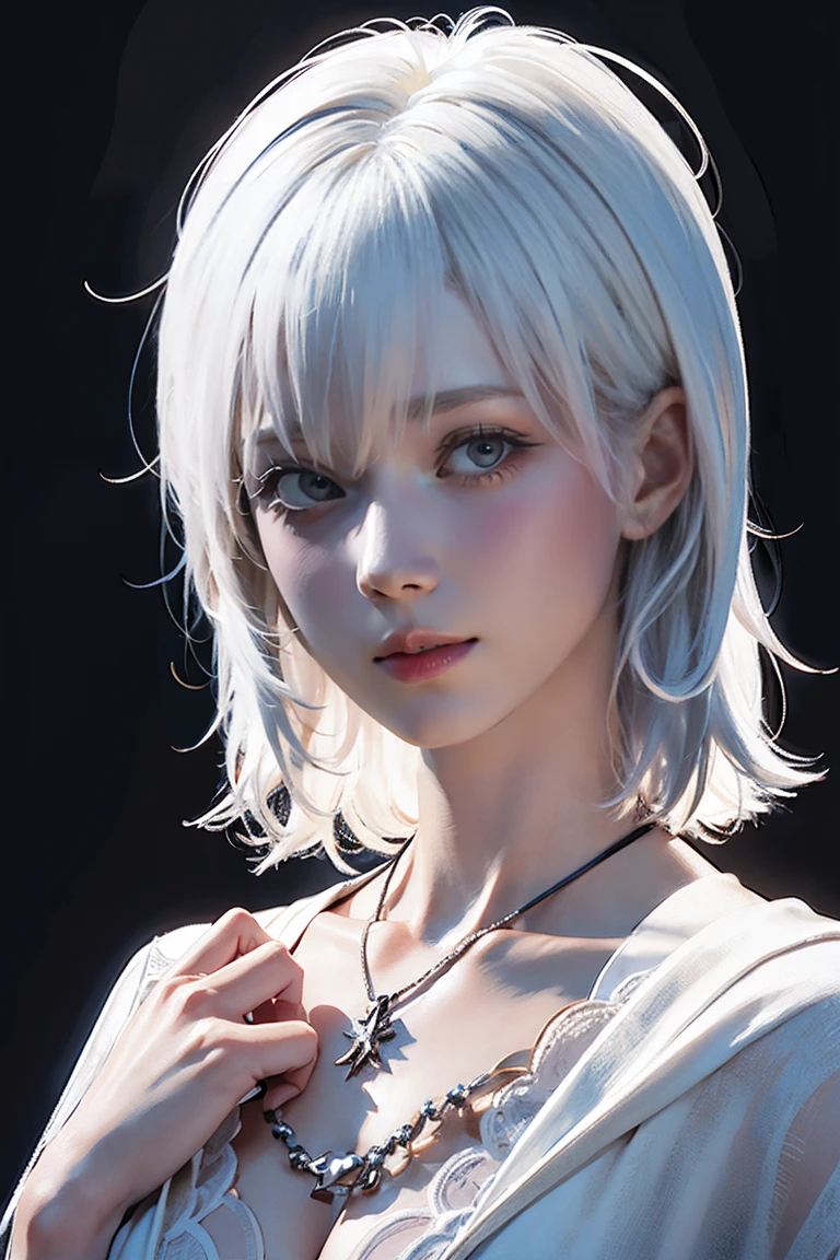 ((Close-up of a woman with tattoos on her chest)), girl, ((Short white hair with bangs, Black strands of hair)), Purple eyes, White T-shirt and white cape, Pendant around the neck. 超High resolution.Photorealistic. 超High resolution.Photorealistic:1.4,超High resolution. Realistic,High resolutionで, masterpiece, Highest quality, Very detailed, Better Shadows, Volumetric lighting), super high quality, High resolution, 8k, 超Realisticな肖像画 , Photorealistic, Dynamic Lighting, Volumetric lighting, Very detailed顔,
