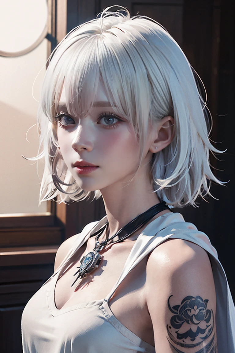 ((Close-up of a woman with tattoos on her chest)), girl, ((Short white hair with bangs, Black strands of hair)), Purple eyes, White T-shirt and white cape, Pendant around the neck. 超High resolution.Photorealistic. 超High resolution.Photorealistic:1.4,超High resolution. Realistic,High resolutionで, masterpiece, Highest quality, Very detailed, Better Shadows, Volumetric lighting), super high quality, High resolution, 8k, 超Realisticな肖像画 , Photorealistic, Dynamic Lighting, Volumetric lighting, Very detailed顔,