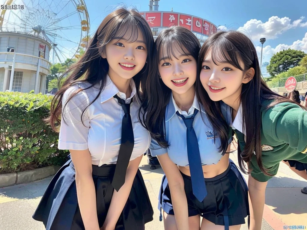 (Super cute Korean schoolgirl takes a commemorative photo with her beautiful best friend:1.2)(laughing:1.2)(Beautiful Sweat:1.1)(16K, RAW Photos, Highest quality, masterpiece: 1.2),(Her shiny, beautiful black bob hair sways softly in the wind.:1.1) Super detailed, Super Resolution, (Genuine, Genuine photos: 1.37), Portraiture, High-resolution RAW color photos, Professional photos, Very detailed, 8k wallpaper, Very detailed CG Unity 8k wallpaper, Very detailed beautiful girls, Very detailed faces, ((whole body)), beautiful woman, Huge breasts,(huge boobs:1.1) (Big Boobs:1.1), beautiful  (Cute school uniforms,School-designated summer short-sleeved shirt＆Red tie and shirt uniform),high school girl, Korean Girls,(K-POP Female Idols), (Idol-class beauty)(Beautiful high school girl:1.1)(In front of the giant attraction at an amusement park on a sunny day)((15 years old)(Date:1.2)(Group photo:1.2)Headband(NSFW:1.1)(Only one person has beautiful light blue hair)(sexy garter belt)