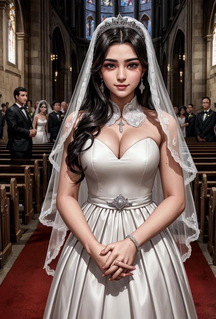 A young Italian mafioso stood on the podium in the church and received blessings from everyone together with the bride,Mafia and bride holding hands,There were many people standing around giving blessings,Two people smiling,Promotional image, High quality photos, Art work, High-quality screenshots, author:Dan Frazier, 4k static, netflix, High-quality stills, a24 ,High quality face,Clear facial features close-up