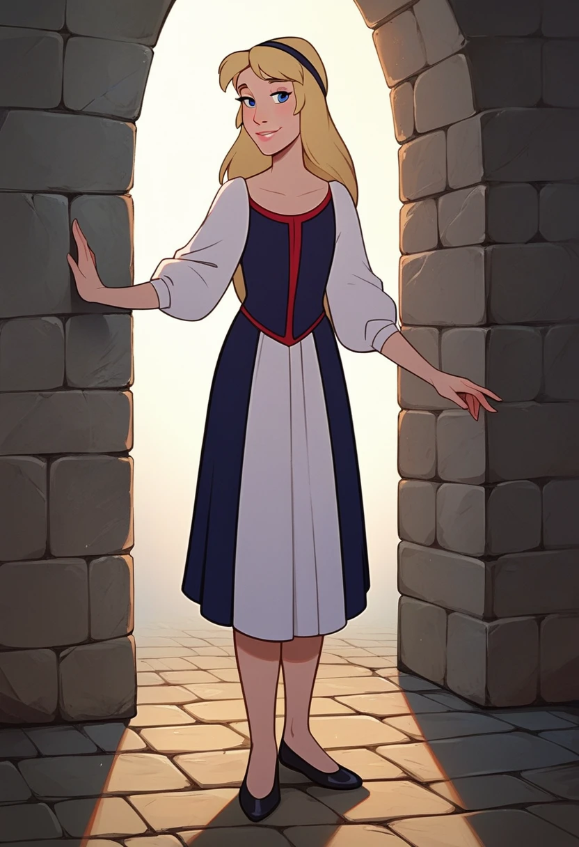 Princess Eilonwy, blonde hair, blue eyes, black hair band, long hair, black shoes, smile, half-lidded eyes, rating_explicit, source_cartoon, standing, full body 