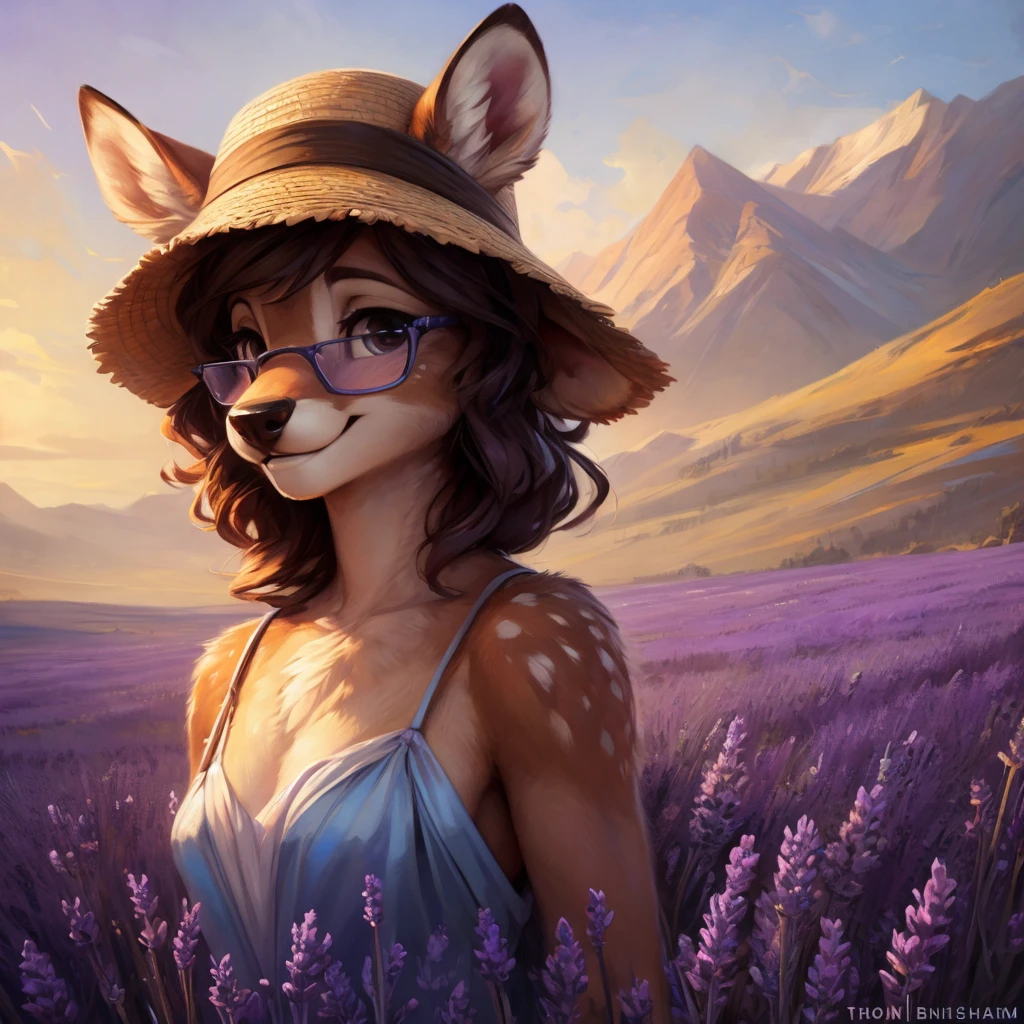uploaded on e621, artstation, by Pixelsketcher, by Bayard Wu, by Thomas Benjamin Kennington , by Einshelm, by hioshiru and kenket, Chunie, portrait, solo anthro female deer doe, with small featureless , clear dark blue, cinematic lighting, day, sunny day, lavender field, stays in a lavender field, lavender field background, mediterranean background, horizon background, shiny, short curly dark brown hair, wears big blalasses, very very beautiful furry art, furry art, smiling, joyful, shiny, happy, feminine, cute face, muzzle, fluffy chest, flawless face, Fallow deer, 1girl, Sakimichan is beautiful, Masterpiece, Wavethesallow Face, shiny, Detailed image, portrait, Detailed image, portrait, full body, wearing pure white and wide spaghetti straps dress, wearing big and wide beige summer straw hat, shiny, realistic face, perfect anatomy, hourglass body, (furry body:1.1), anthropomorphic deer, looks at the viewer, small fluffy tail, detailed background, (cute anatomy:1.1), walks in a lavender field