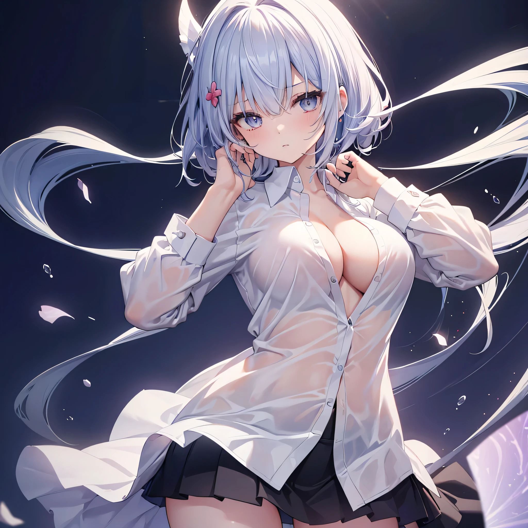 4K,High resolution, (Highly detailed CG,8k,wallpaper)、One age Woman,(((Slender,Upper Body,tall,Big Breasts,Small butt and long torso,(Dress shirt、Ultra Mini Skirt)))),(Clean detailed eyes),(Huge breasts),(Huge breasts),(Huge breasts),(Huge breasts),(((Huge breasts))),(Super Breasts),(Very large breasts),(Beautiful and shapely breasts),Light-colored hair、Cute hairstyle