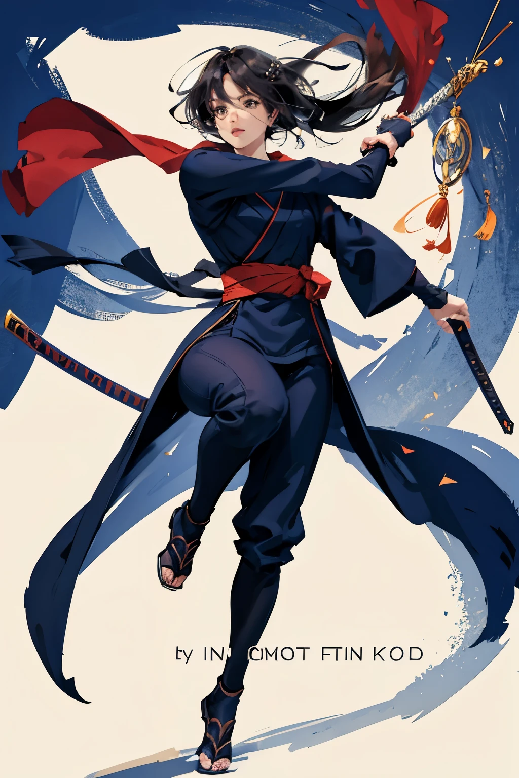 Female, 20s, ninja, jumping, holding Japanese sword in both hands, super high resolution,