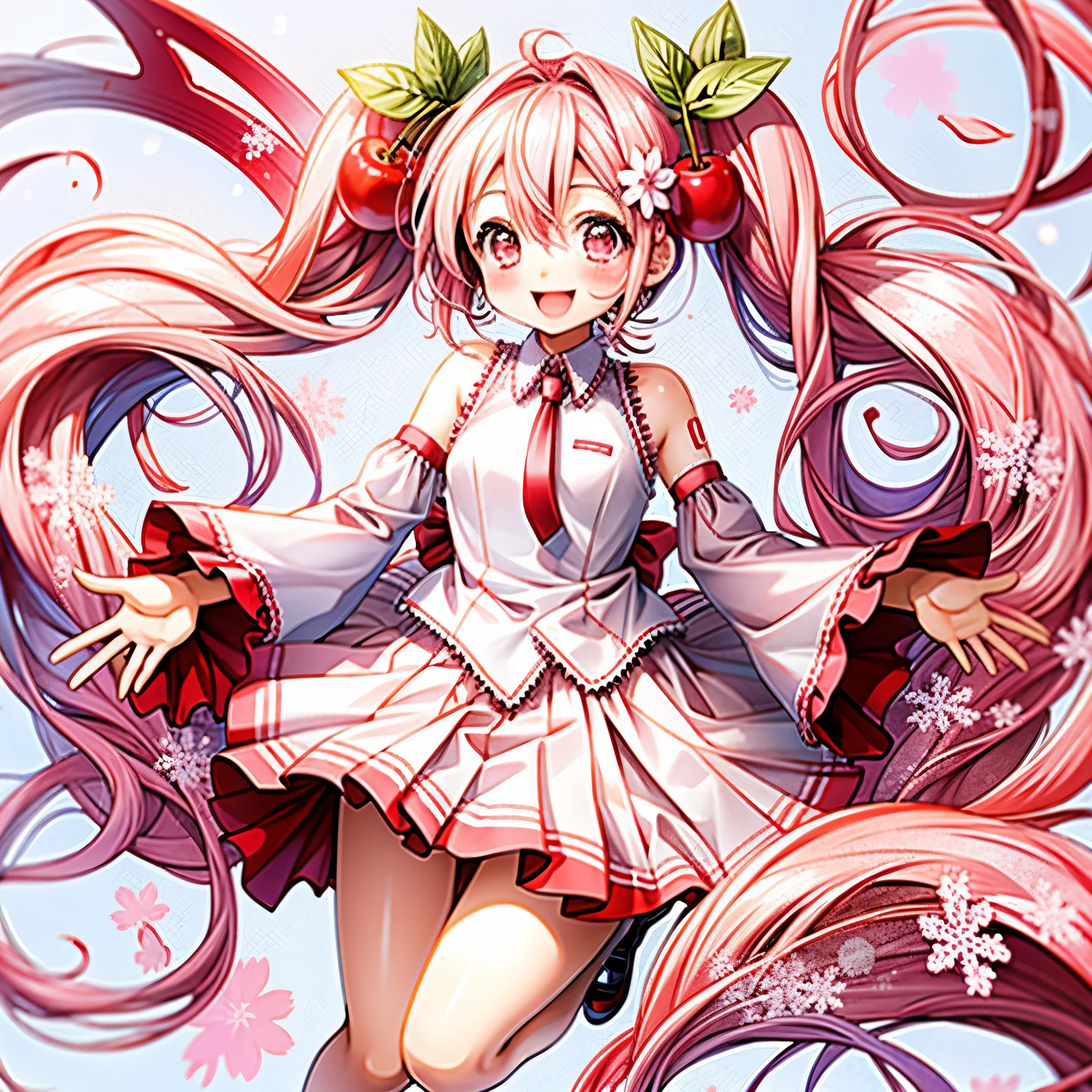 Sakuramiku、Short hair 、full body image、 Cute smile、 blush、Pause、 Sakura Background、Mouth open、Chibi Character、Highest quality