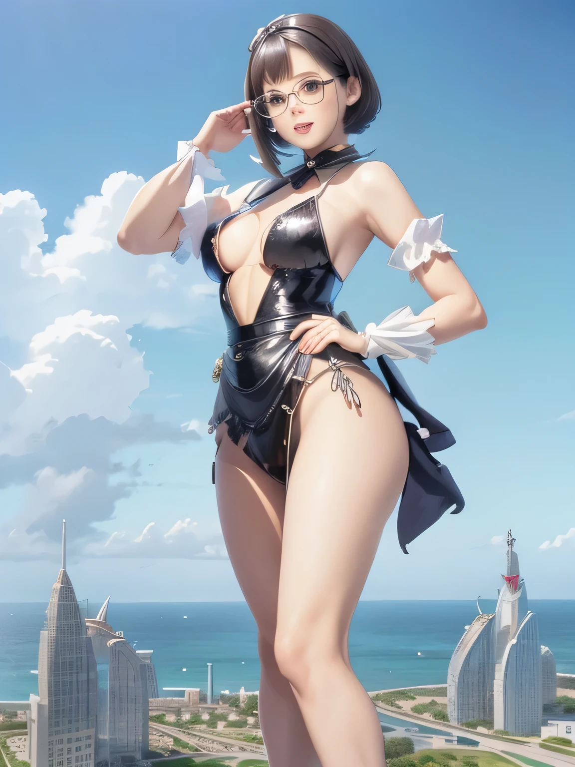 multiple girls, 3girls, standing, giantess art, highly detailed giantess shot, giantess, most detailed, perfect face, two legs, five fingers, short hair, beautiful girl bigger than a skyscraper, wearing rimless glasses, smiling, huge breasts, underwear, maid bikini, stiletto heels, under heavy attack, seaside metropolis, ocean, numerous miniature warships on the sea, very small metropolis, miniature metropolis, full body depiction, GTS, giga giantess gigagts,, trampling city, crush city, tiny city, micro city, high resolution, best quality, masterpiece,