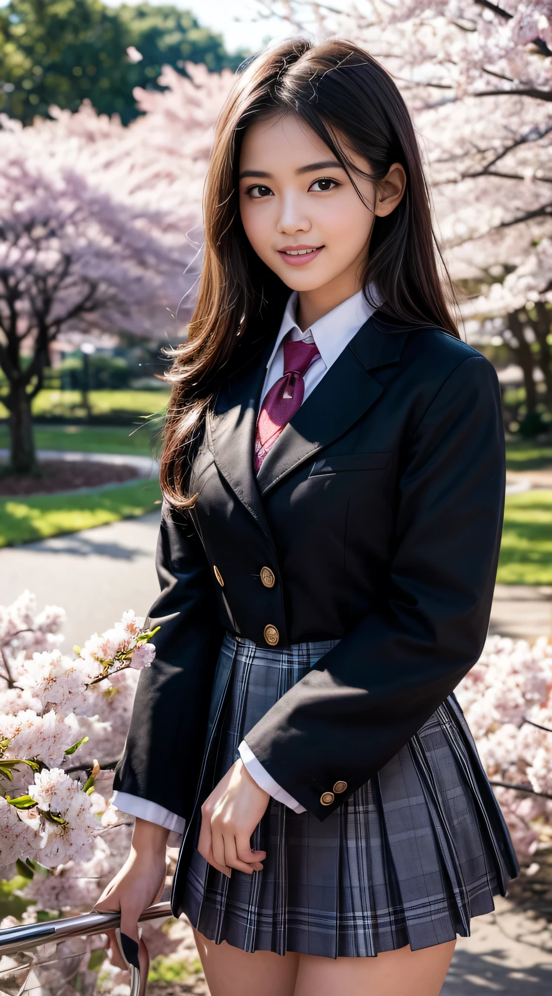 (Highest quality,masterpiece:1.3,Ultra-high resolution),(Very detailed,Caustics,8K),(Realistic:1.4,RAW shooting),1 Girl,(smile),(Looking up at cherry blossoms),18-year-old,cute,Japanese,Short black hair,(school uniform),glamorous,(big ),(Face Focus),street,cherry blossoms,Natural light,(Lens flare),Professional Writing,(Cowboy Shot),(bird's's point of view:1.2),(High position:1.4),(High Angle:1.4)