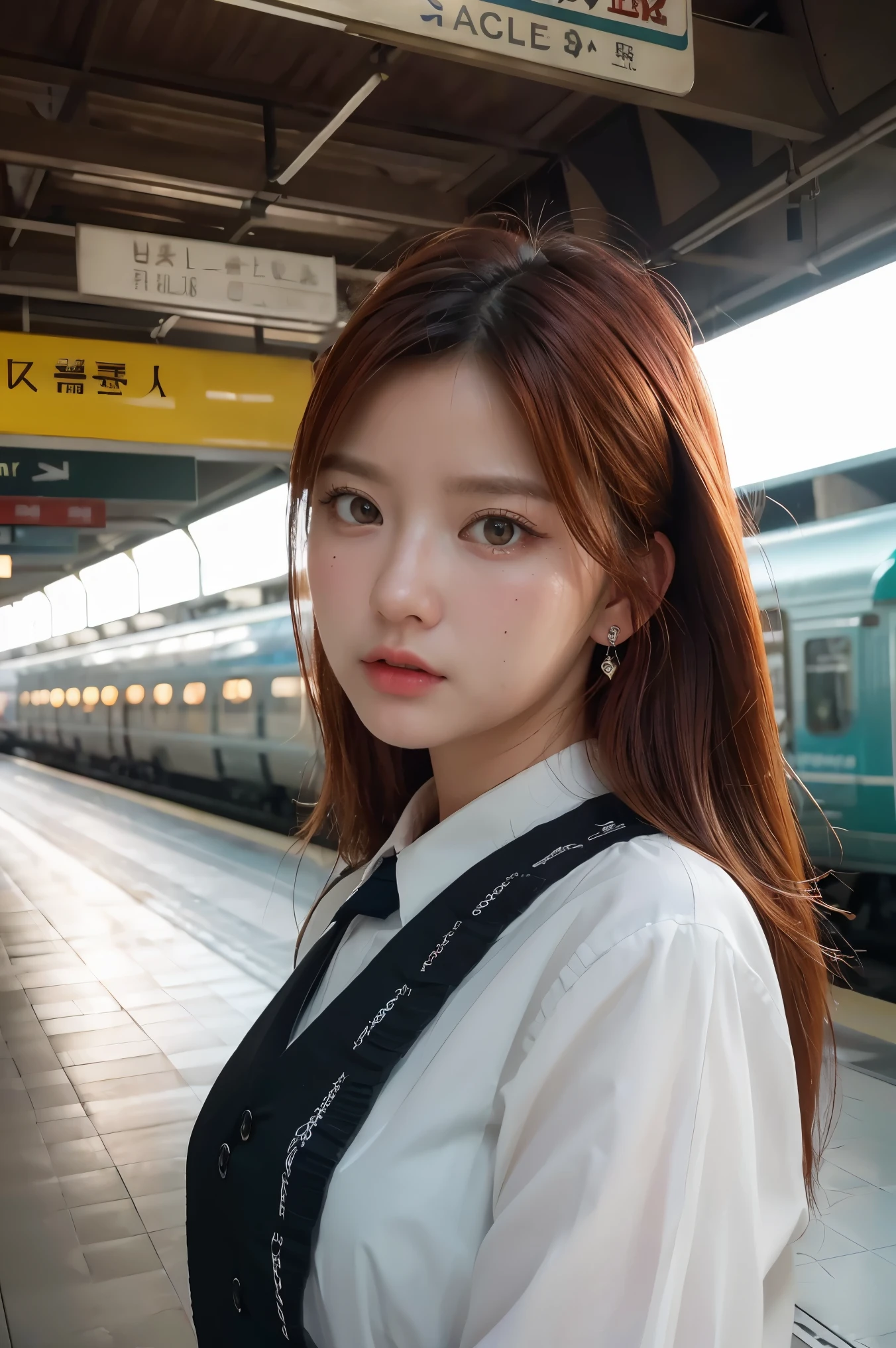 (best quality),(masterpiece), (extremely detailed 8K wallpaper),ultra-detailed,cinematic lighting, detailed light, best shadow, dyanamic angle, from down, train station, train, signal light, 1girl, leonard dung, red hair, aqua eyes, earring, single horn, strip mark on face, shone, white shirt,, detailed face, detailed reflctive eyes, beautiful eyes, extremely deatiled face,reflective hair,