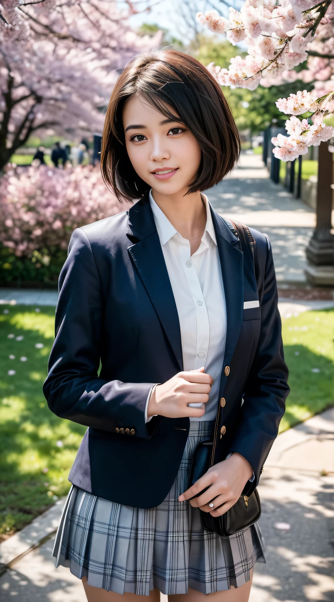 (Highest quality,masterpiece:1.3,Ultra-high resolution),(Very detailed,Caustics,8K),(Realistic:1.4,RAW shooting),1 Girl,(smile),(Looking up at cherry blossoms),18-year-old,cute,Japanese,Short black hair,(school uniform),glamorous,(big ),(Face Focus),street,cherry blossoms,Natural light,(Lens flare),Professional Writing,(Cowboy Shot),(bird's's point of view:1.2),(High position:1.4),(High Angle:1.4)