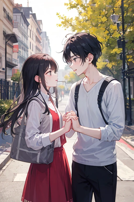 Couple holding hands: A couple of students hold hands on a street or in a park, Expressing attachment and love forever.